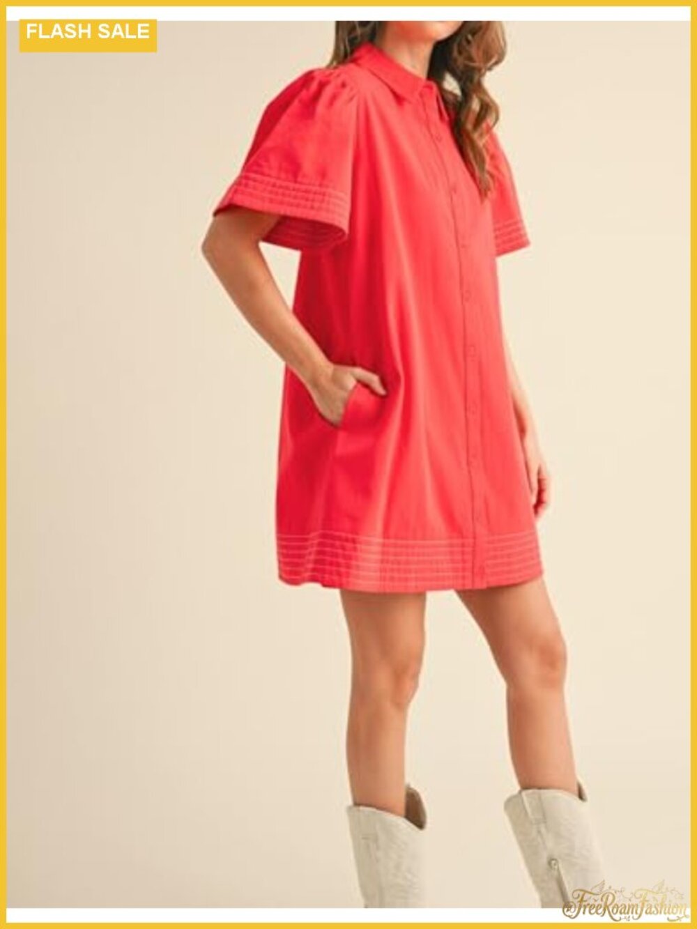 Women's Short Sleeve Button Down Mini Shirt Dress with Pockets - Picture 2 of 6